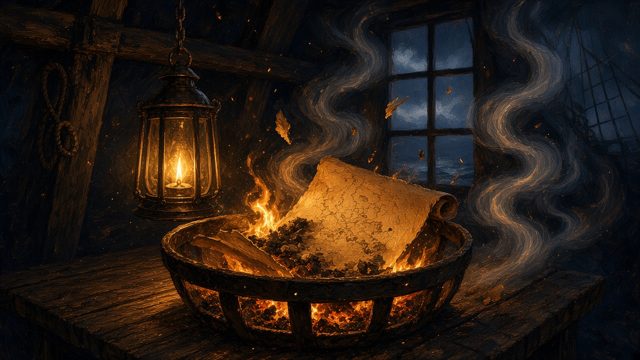 Parchment burning to ash in an iron brazier