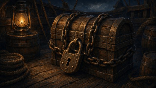 Treasure chest chained and padlocked in the hold