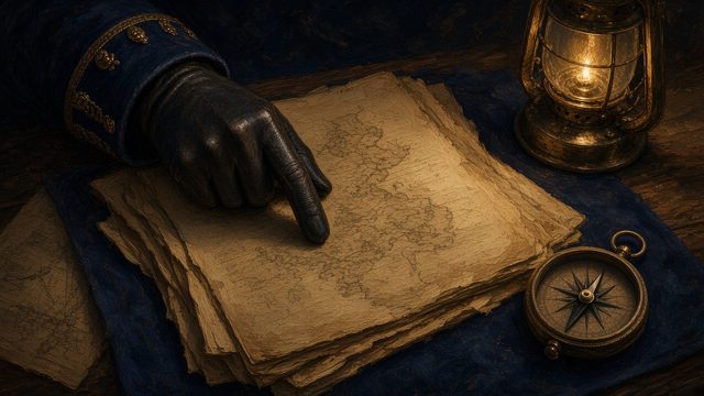 Gloved hand sorting parchment reports by lantern light