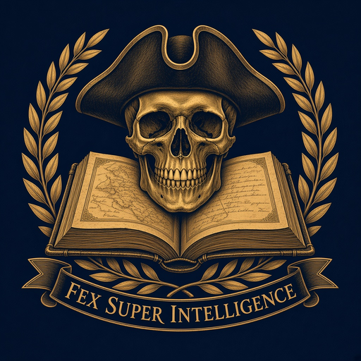 FEX Super Intelligence crest: gold skull in a tricorn over an open logbook, framed by a laurel wreath