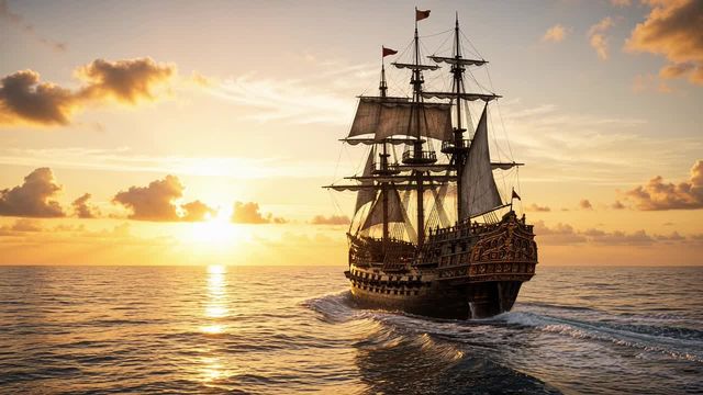 Galleon sailing calm seas into a golden sunset