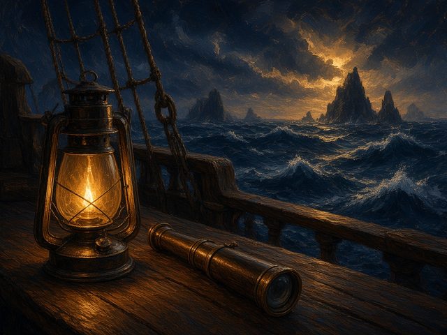 Lantern and brass spyglass on a ship rail at night with jagged rocks ahead