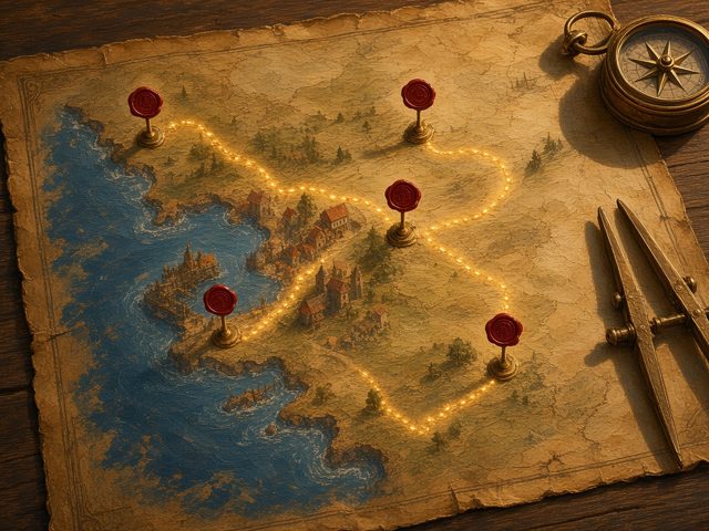 Treasure map with a dotted route looping between X marks, with compass and dividers