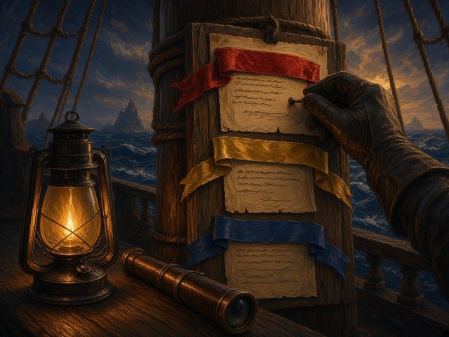 Open captain’s logbook by lantern light with red, navy, and amber ribbon bookmarks